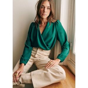 Sezane Abelia Wrapped Drape Blouse, Emerald Green